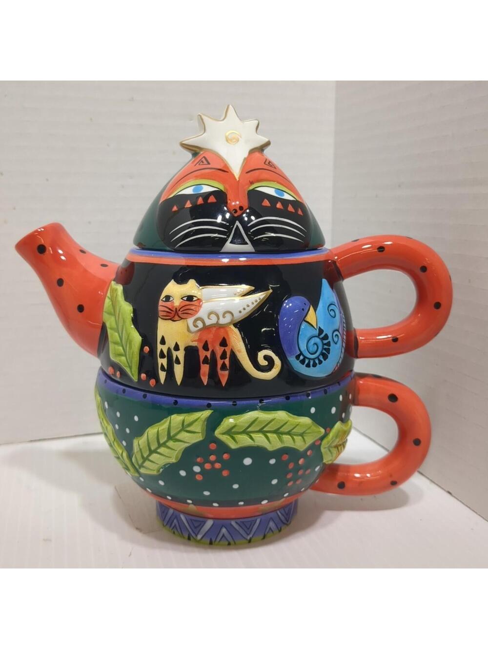 GANZ Bella Casa Laurel Burch 3pc Stacked Tea for 1 Pot Cup Xmas Angel Cat *CHIP*